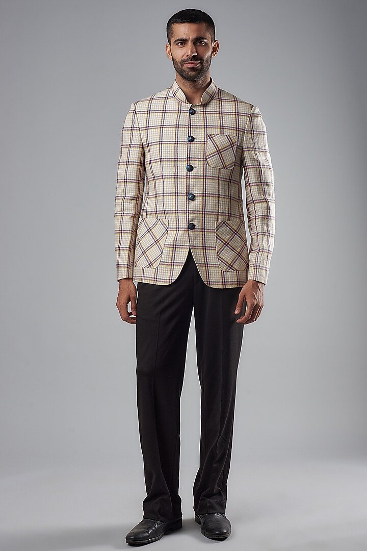 Multi-Colored Linen Checks Bandhgala by SUHAIL HAFEEZ at Pernia's Pop Up Shop
