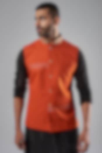 Orange Terene & Rayon Embroidered Bundi Jacket by SUHAIL HAFEEZ