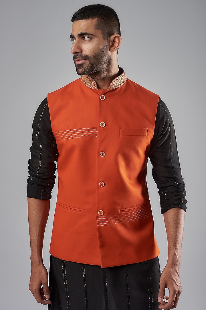 Orange Terene & Rayon Embroidered Bundi Jacket by SUHAIL HAFEEZ