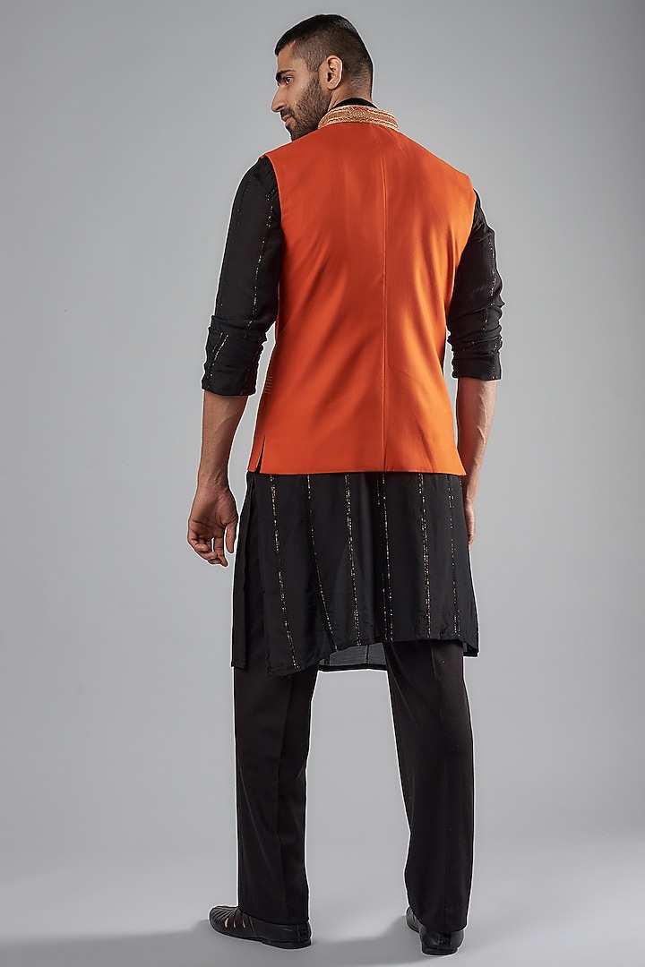 Orange Terene & Rayon Embroidered Bundi Jacket by SUHAIL HAFEEZ at Pernia's Pop Up Shop
