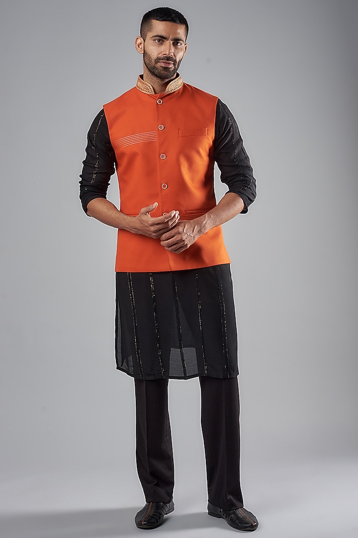 Orange Terene & Rayon Embroidered Bundi Jacket by SUHAIL HAFEEZ at Pernia's Pop Up Shop