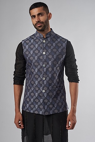 Blue Linen Jacquard Embroidered Bundi Jacket by SUHAIL HAFEEZ
