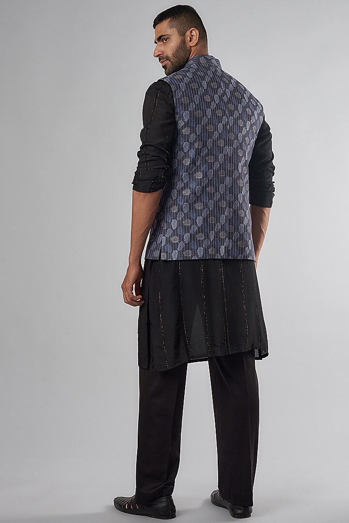Blue Linen Jacquard Embroidered Bundi Jacket by SUHAIL HAFEEZ at Pernia's Pop Up Shop