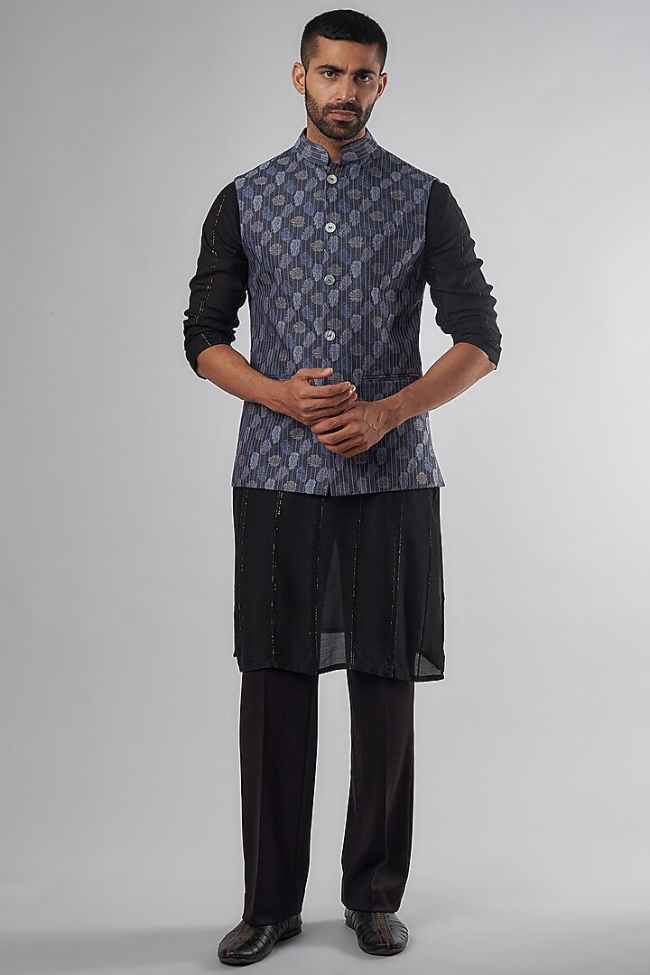 Blue Linen Jacquard Embroidered Bundi Jacket by SUHAIL HAFEEZ at Pernia's Pop Up Shop