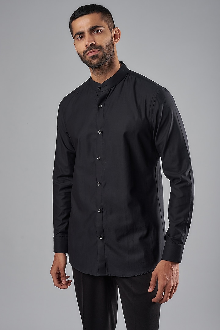 Black Cotton Lycra Shirt by SUHAIL HAFEEZ