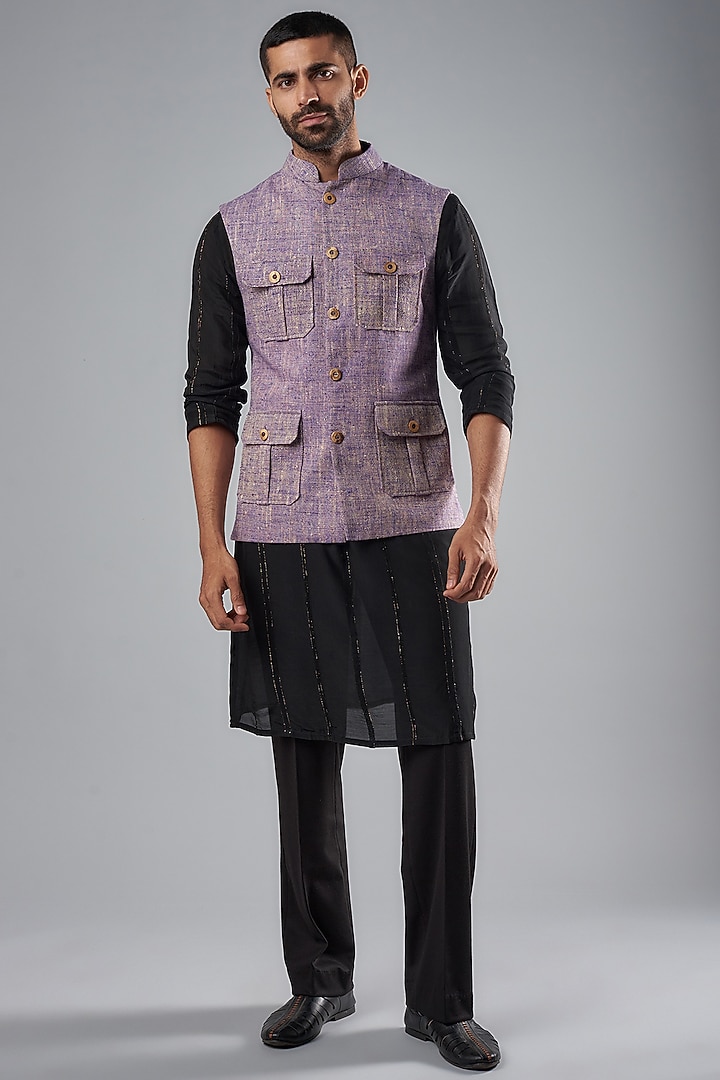 Purple Handwoven Silk Bundi Jacket by SUHAIL HAFEEZ at Pernia's Pop Up Shop