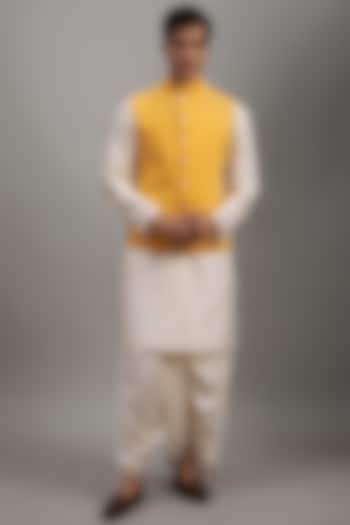 Yellow Cotton Corduroy Bundi Jacket Set by SUHAIL HAFEEZ