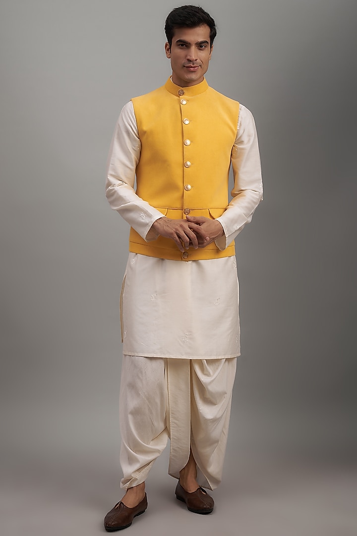 Yellow Cotton Corduroy Bundi Jacket Set by SUHAIL HAFEEZ