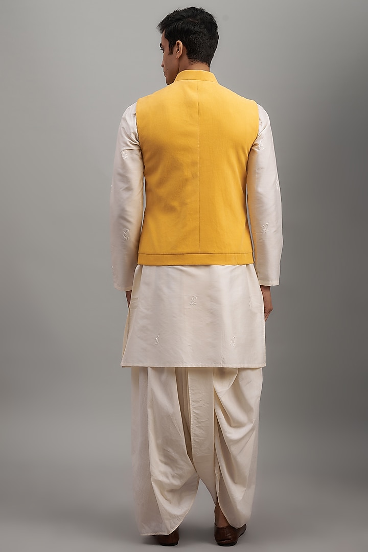 Yellow Cotton Corduroy Bundi Jacket Set by SUHAIL HAFEEZ at Pernia's Pop Up Shop