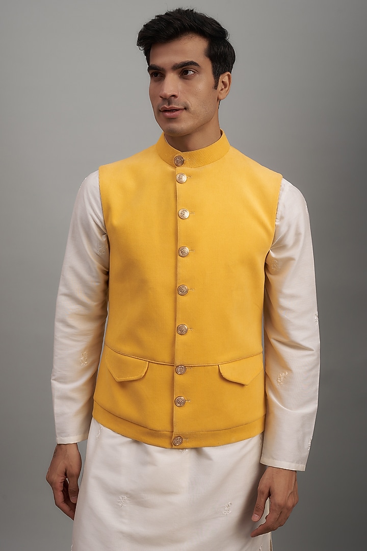 Yellow Cotton Corduroy Bundi Jacket Set by SUHAIL HAFEEZ at Pernia's Pop Up Shop
