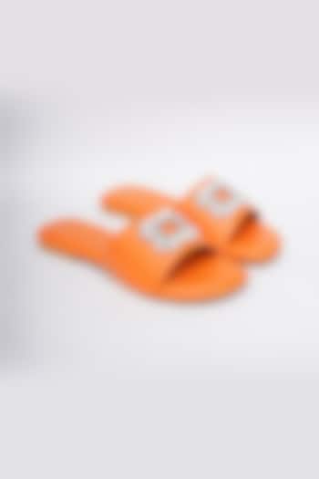 Orange Faux Leather Embellished Flats by Sole House