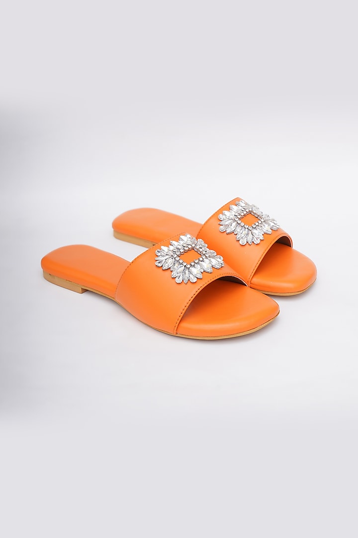 Orange Faux Leather Embellished Flats by Sole House
