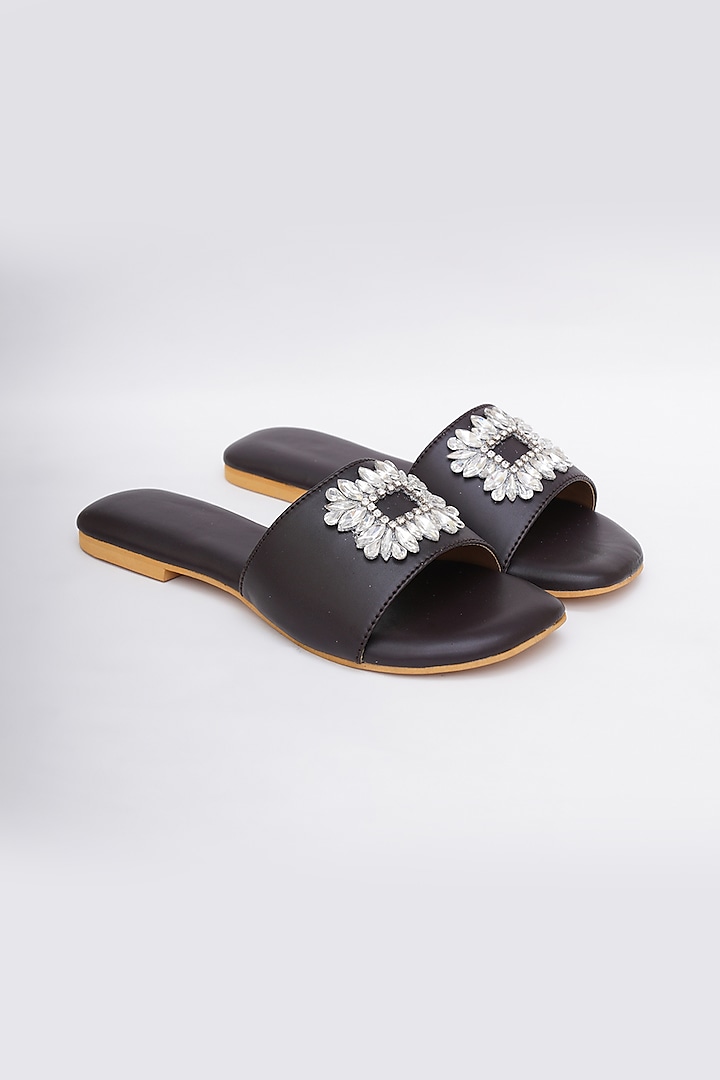 Black Faux Leather Embellished Flats by Sole House