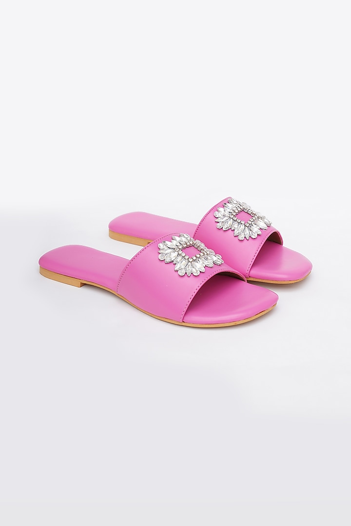 Pink Faux Leather Embellished Flats by Sole House