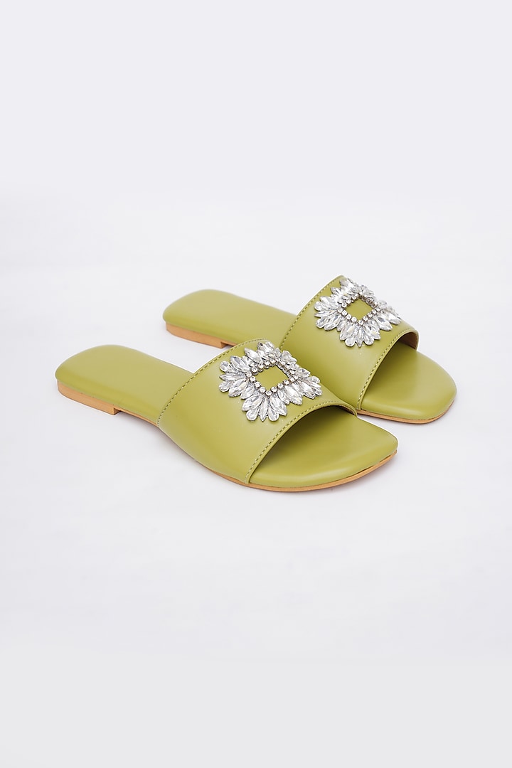 Green Faux Leather Embellished Flats by Sole House