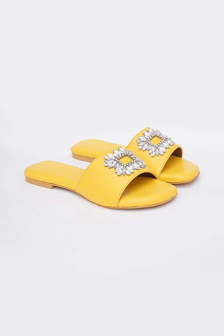 Yellow Faux Leather Embellished Flats by Sole House