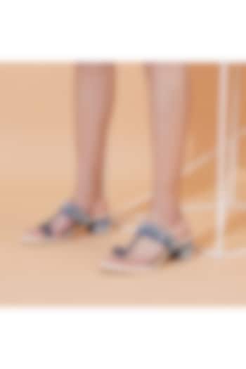 Blue Faux Leather Pearl Embellished Block Heels by Sole House at Pernia's Pop Up Shop