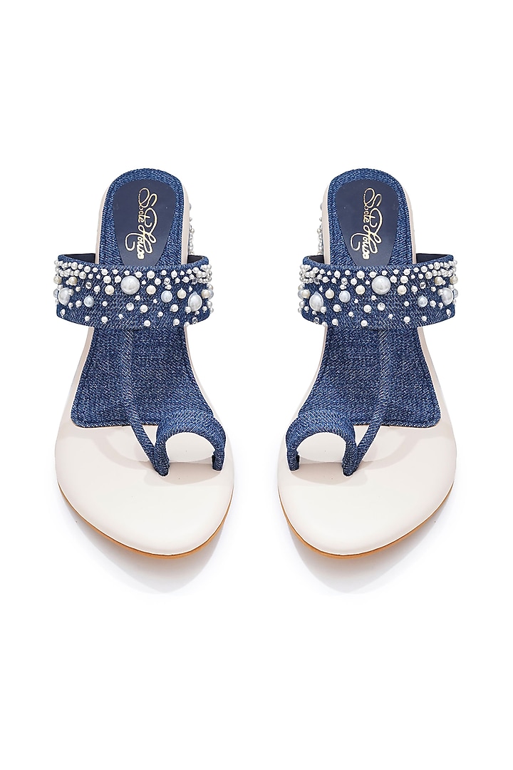 Blue Faux Leather Pearl Embellished Block Heels by Sole House at Pernia's Pop Up Shop