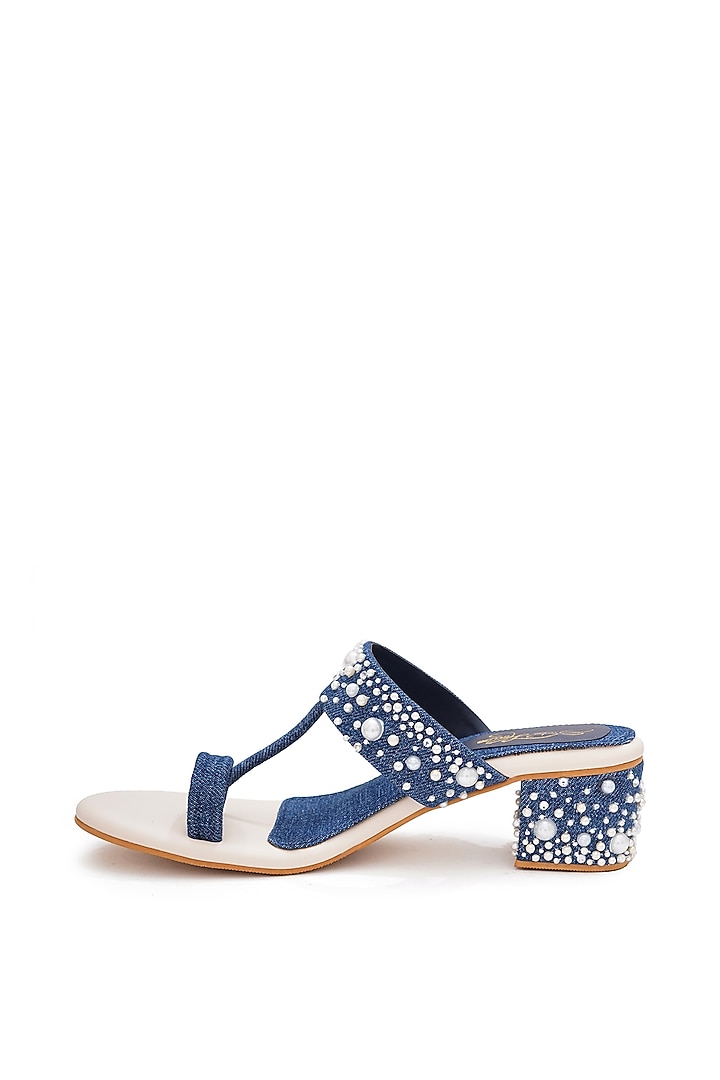 Blue Faux Leather Pearl Embellished Block Heels by Sole House at Pernia's Pop Up Shop