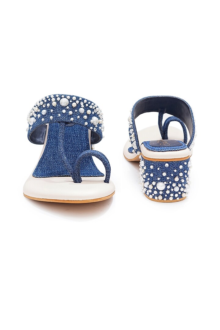 Blue Faux Leather Pearl Embellished Block Heels by Sole House at Pernia's Pop Up Shop
