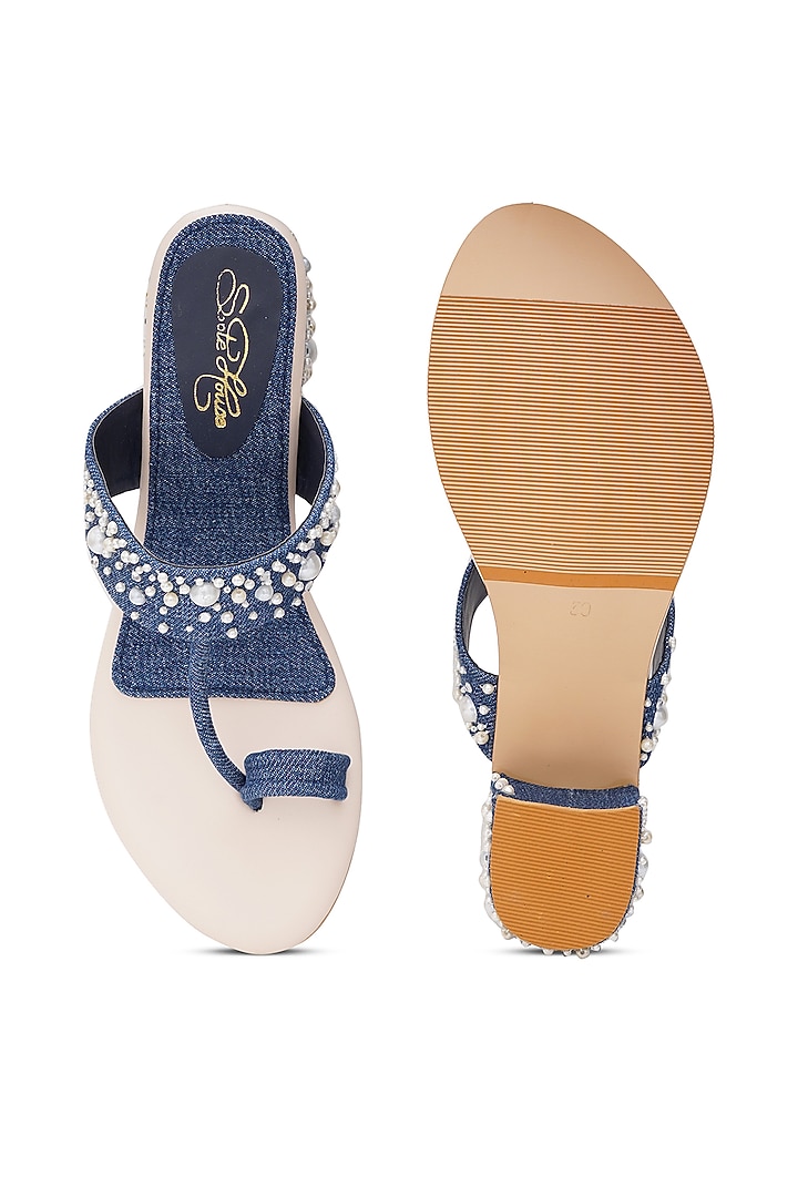 Blue Faux Leather Pearl Embellished Block Heels by Sole House at Pernia's Pop Up Shop