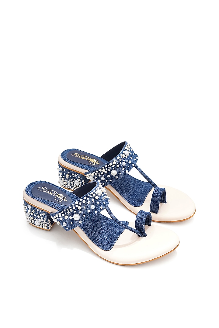 Blue Faux Leather Pearl Embellished Block Heels by Sole House at Pernia's Pop Up Shop