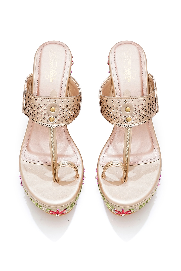 Multi-Colored Faux Leather Floral Embroidered Handcrafted Wedges by Sole House at Pernia's Pop Up Shop