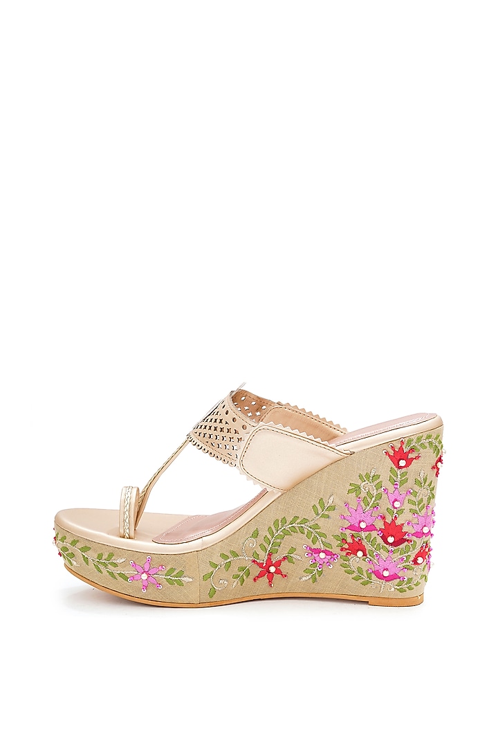 Multi-Colored Faux Leather Floral Embroidered Handcrafted Wedges by Sole House at Pernia's Pop Up Shop