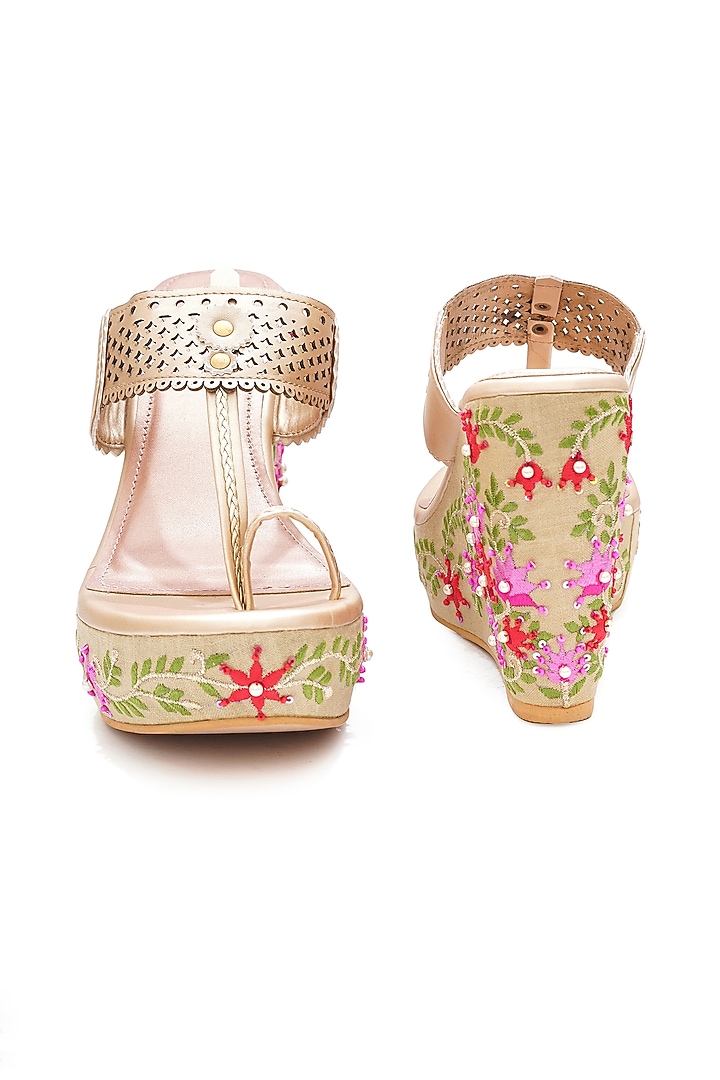 Multi-Colored Faux Leather Floral Embroidered Handcrafted Wedges by Sole House at Pernia's Pop Up Shop