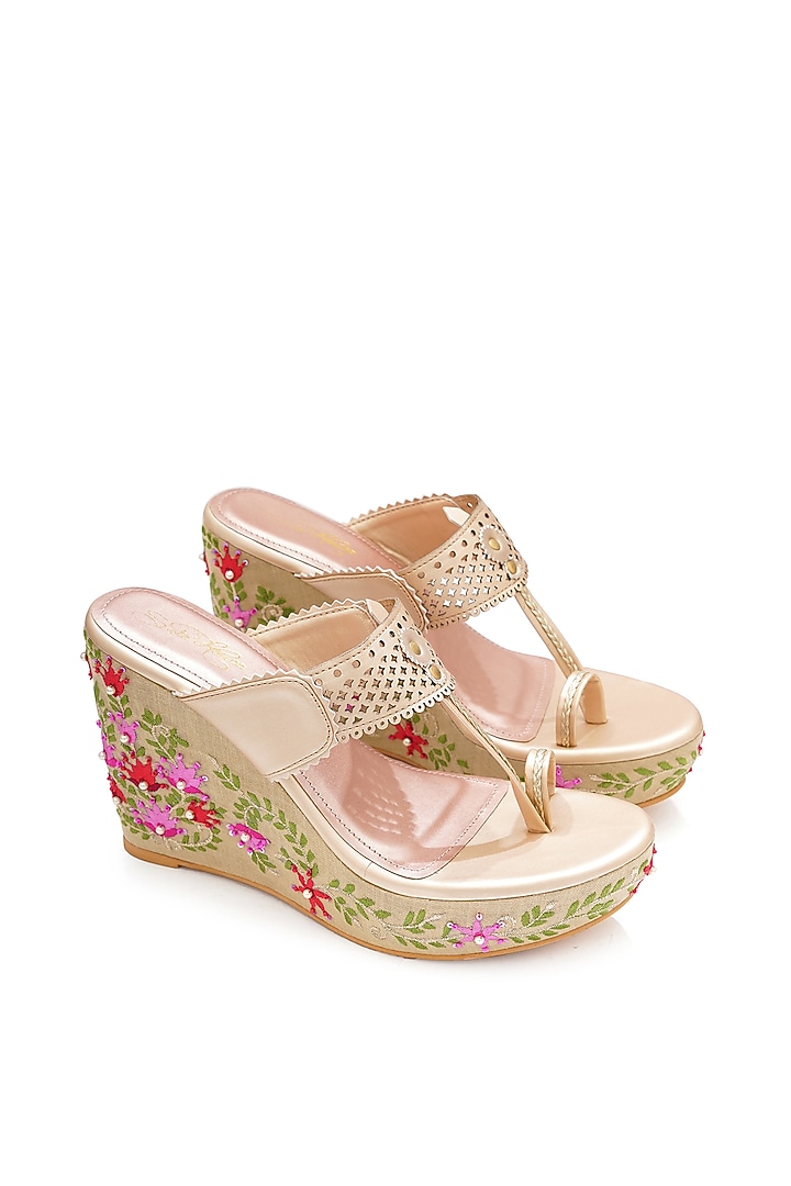 Multi-Colored Faux Leather Floral Embroidered Handcrafted Wedges by Sole House at Pernia's Pop Up Shop