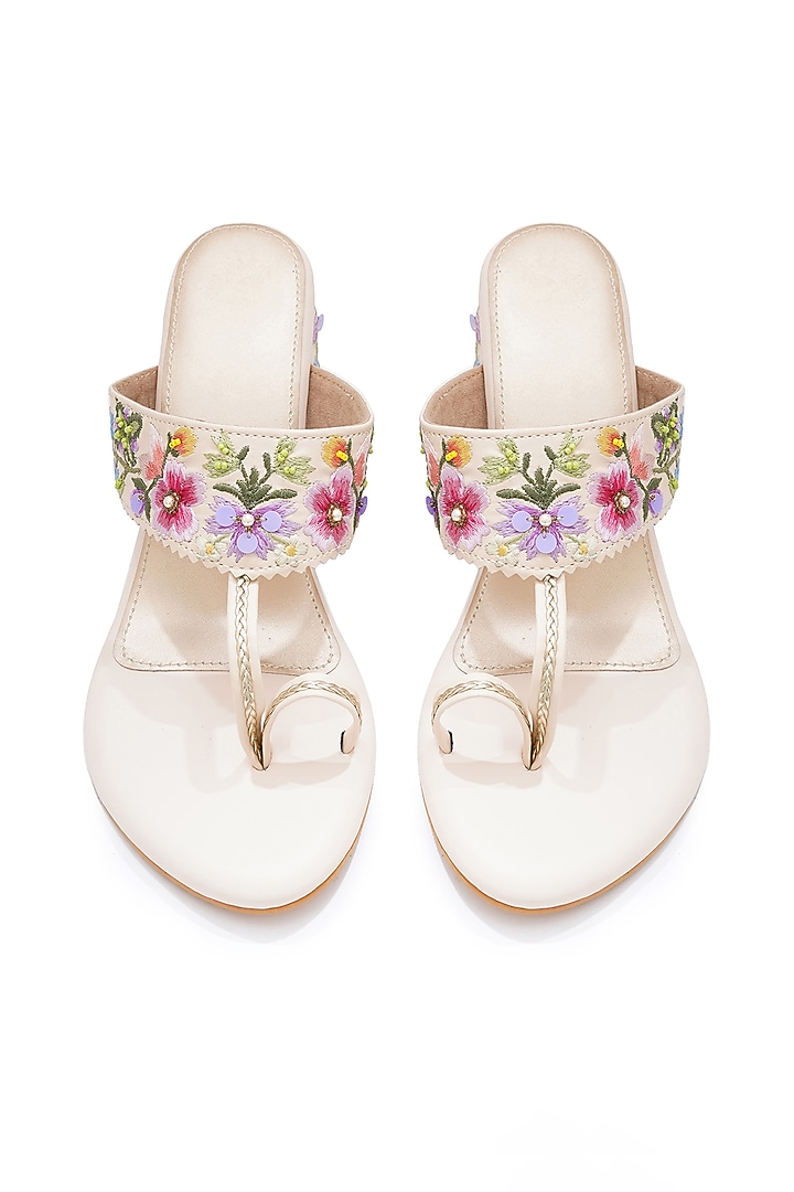 Multi-Colored Faux Leather Floral Embroidered Handcrafted Kolhapuri Block Heels by Sole House at Pernia's Pop Up Shop