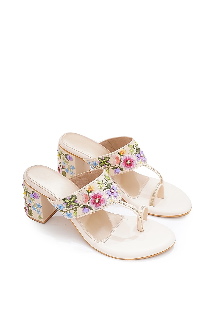 Multi-Colored Faux Leather Floral Embroidered Handcrafted Kolhapuri Block Heels by Sole House at Pernia's Pop Up Shop