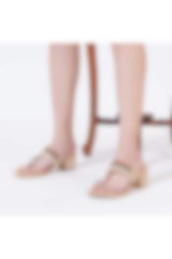 Gold Faux Leather Bead Hand Embroidered Kolhapuri Block Heels by Sole House at Pernia's Pop Up Shop