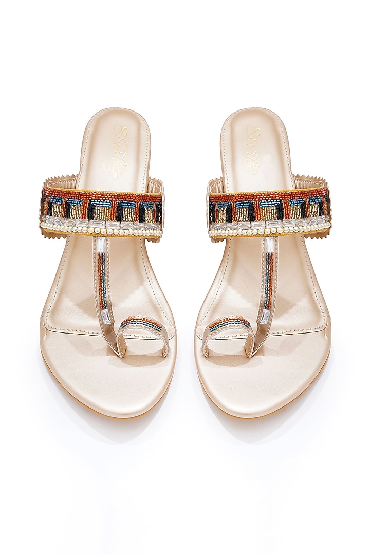 Gold Faux Leather Bead Hand Embroidered Kolhapuri Block Heels by Sole House at Pernia's Pop Up Shop