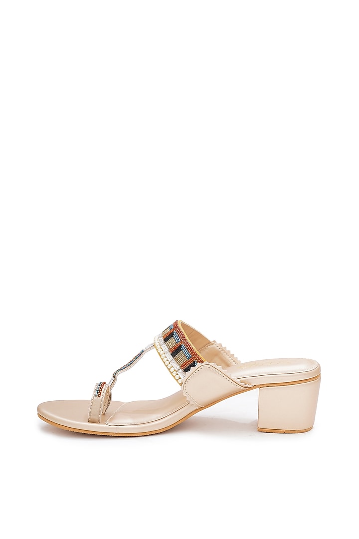 Gold Faux Leather Bead Hand Embroidered Kolhapuri Block Heels by Sole House at Pernia's Pop Up Shop