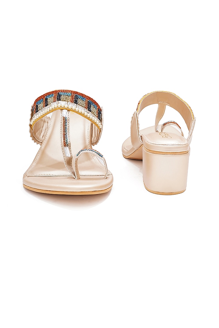 Gold Faux Leather Bead Hand Embroidered Kolhapuri Block Heels by Sole House at Pernia's Pop Up Shop
