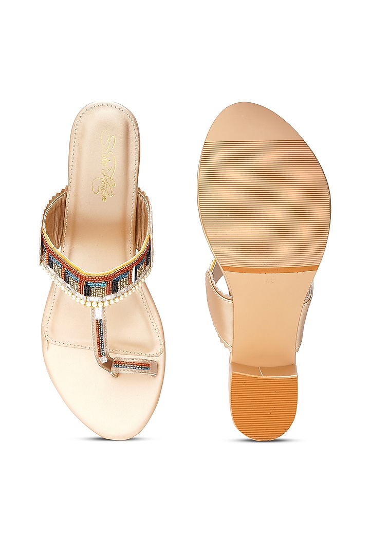 Gold Faux Leather Bead Hand Embroidered Kolhapuri Block Heels by Sole House at Pernia's Pop Up Shop