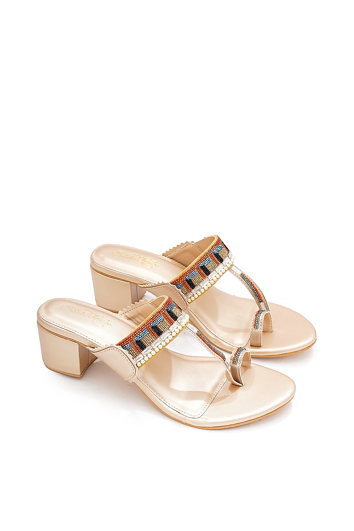 Gold Faux Leather Bead Hand Embroidered Kolhapuri Block Heels by Sole House at Pernia's Pop Up Shop