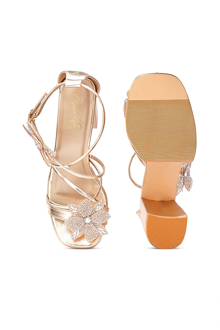 Rose Gold Faux Leather Crystal Floral Heels by Sole House at Pernia's Pop Up Shop