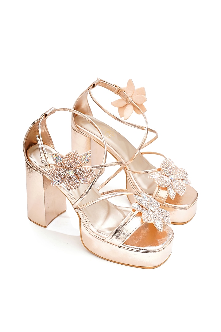 Rose Gold Faux Leather Crystal Floral Heels by Sole House at Pernia's Pop Up Shop