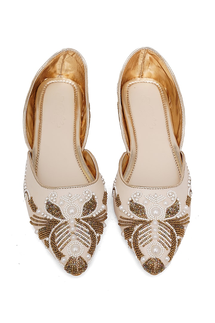 Cream Faux Leather Embroidered Juttis by Sole House