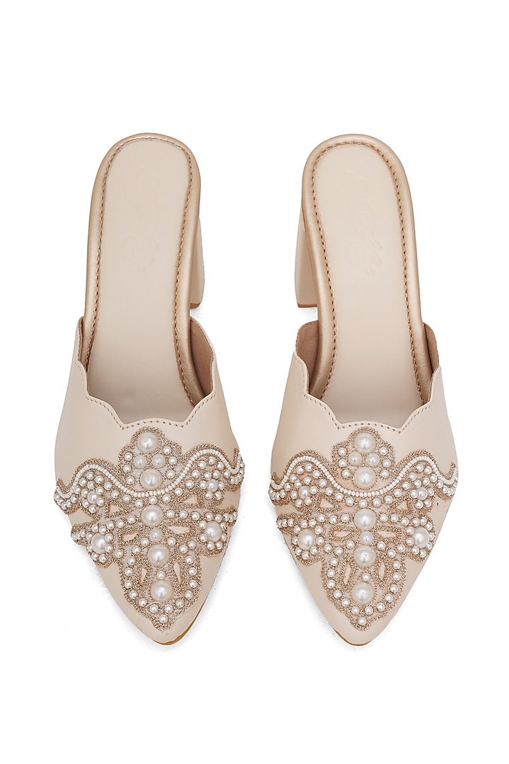 Cream Faux Leather Embroidered Juttis by Sole House