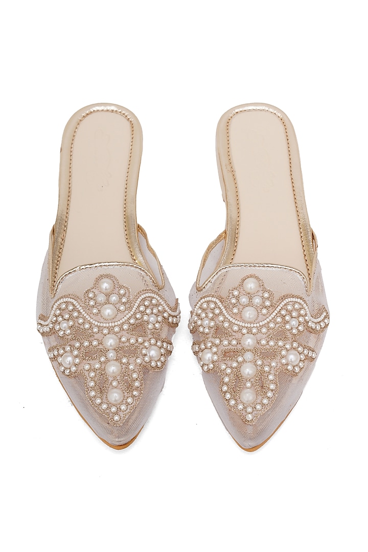 Cream Faux Leather Embroidered Mules by Sole House