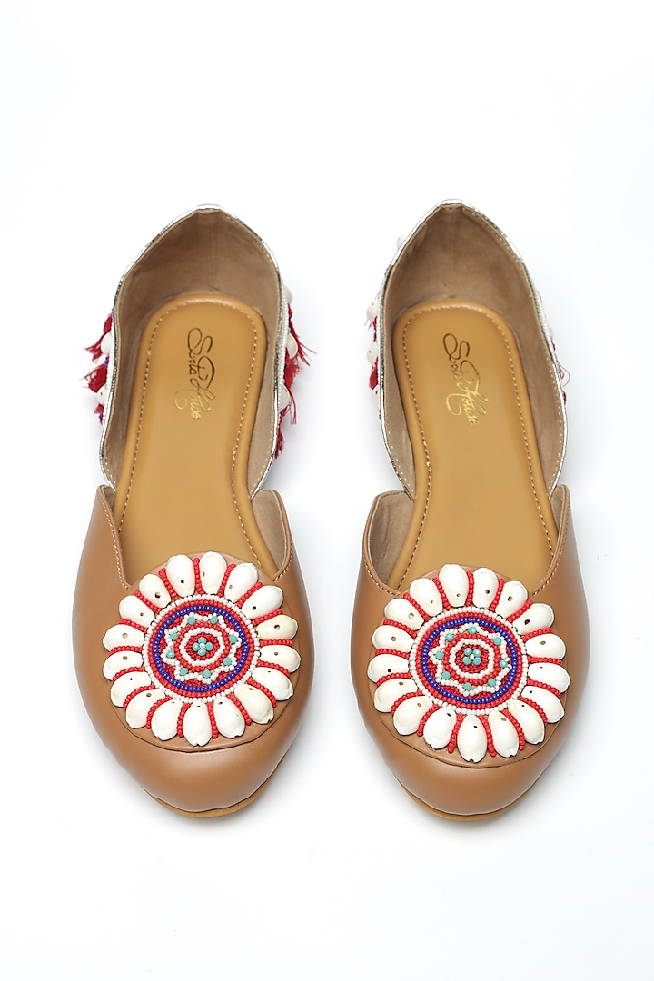 Beige Faux Leather Embroidered Juttis by Sole House at Pernia's Pop Up Shop