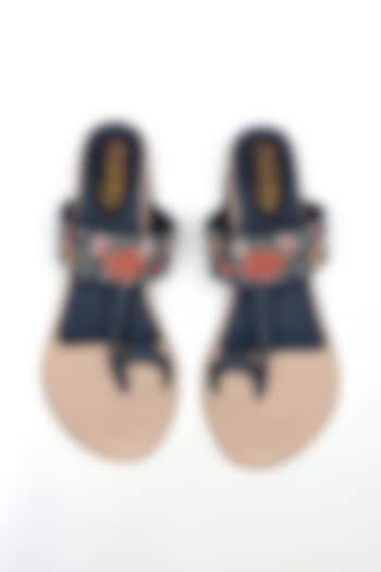 Blue Denim Faux Leather Embroidered Kolhapuri Block Heels by Sole House at Pernia's Pop Up Shop