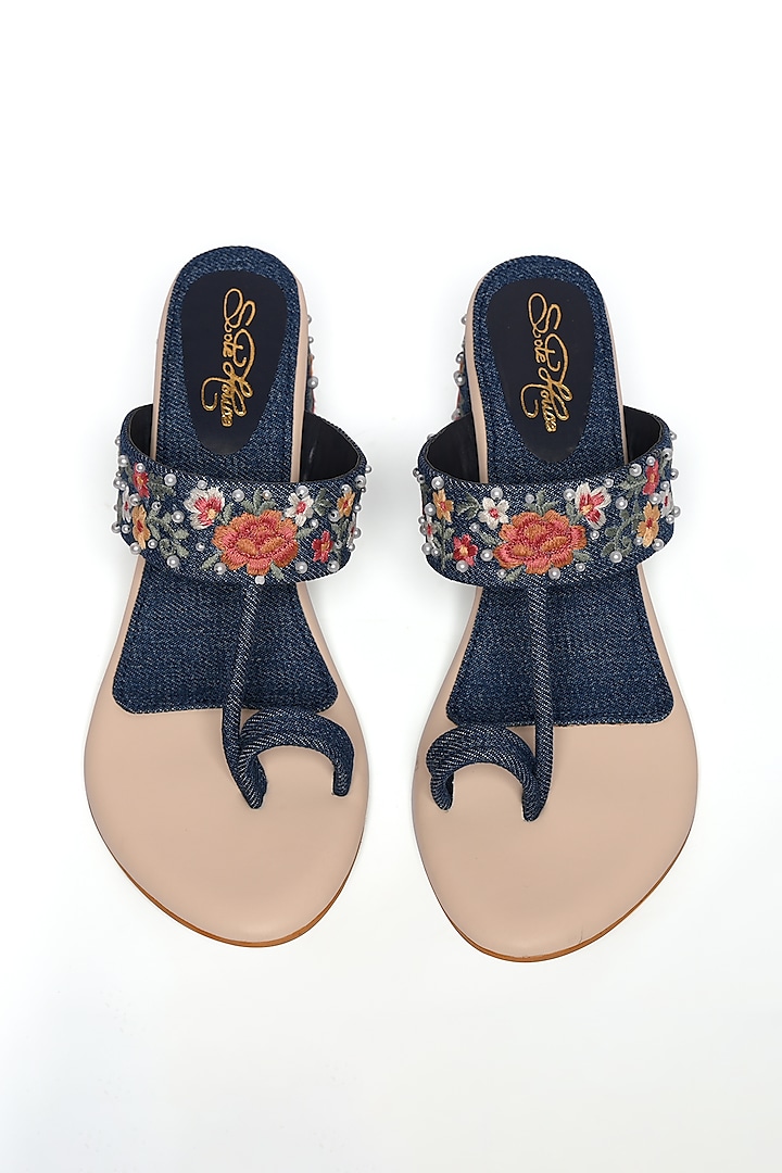 Blue Denim Faux Leather Embroidered Kolhapuri Block Heels by Sole House at Pernia's Pop Up Shop