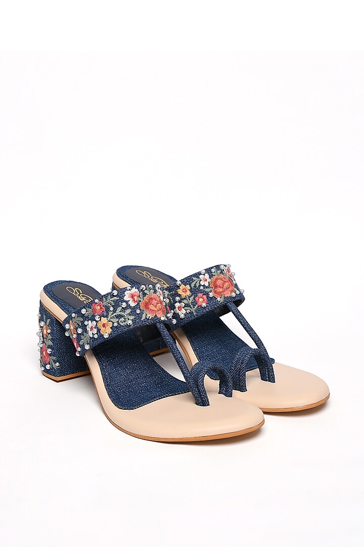 Blue Denim Faux Leather Embroidered Kolhapuri Block Heels by Sole House at Pernia's Pop Up Shop