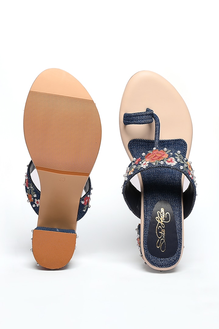 Blue Denim Faux Leather Embroidered Kolhapuri Block Heels by Sole House at Pernia's Pop Up Shop