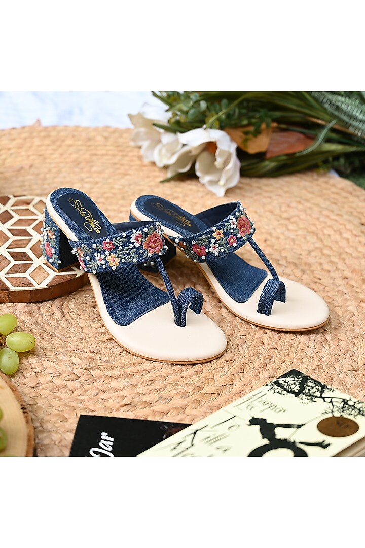 Blue Denim Faux Leather Embroidered Kolhapuri Block Heels by Sole House at Pernia's Pop Up Shop