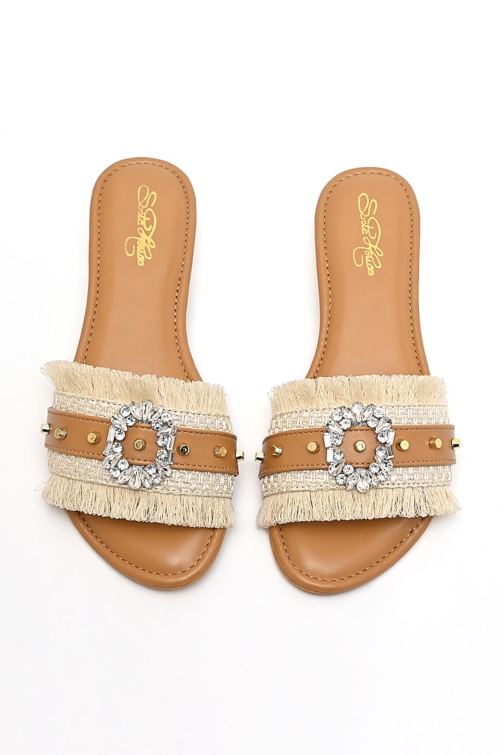 Beige Faux Leather Embroidered Flats by Sole House at Pernia's Pop Up Shop